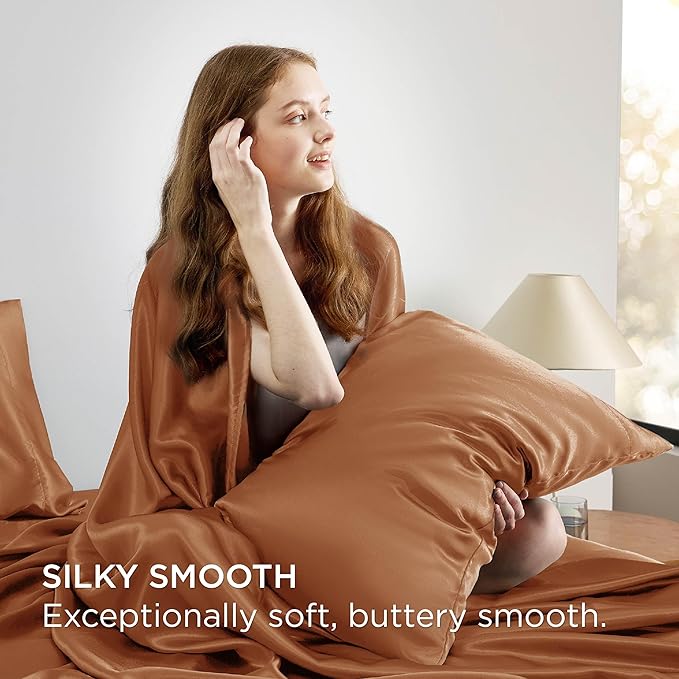 Bedsure Satin Sheets Full Size - 4 Piece Silky Bedsheets with 15 Inches Deep Pocket Fitted Bedsheet,1 Flat Sheet, 2 Satin Pillowcases, Good for Hair & Skin (Full, Burnt Orange)