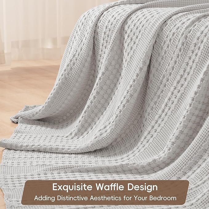 PHF 100% Cotton Waffle Weave Blanket Queen Size for Bed, Soft Lightweight & Breathable, All-Season Comfort, Luxury Aesthetic Woven Bedding for Home Decor, 90"x90", Light Grey