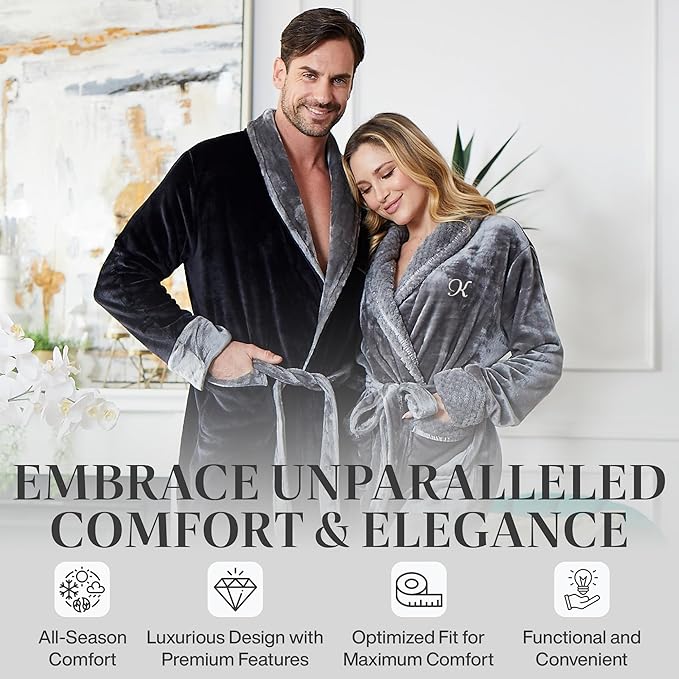 Lotus Linen Plush Robes for Women - Soft Bathrobe, Custom Monogram, Warm Fleece Robe with Pockets