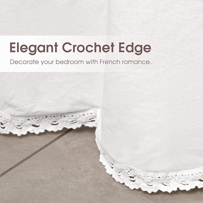 Twin Size 14" Drop - White Lightweight Cotton Bed Skirt with Crochet Edge - Dust Ruffle with Split Corner - Soft, Elegant, Breathable Bedding Accessory