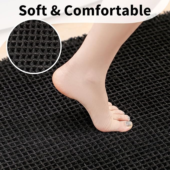 Black Bathroom Rug - Waffle Bath Mat Non Slip Washable, Super Absorbent & Quick Dry, Boho Bath Mat Farmhouse Bathroom Decor, 24'' x 36'', Black