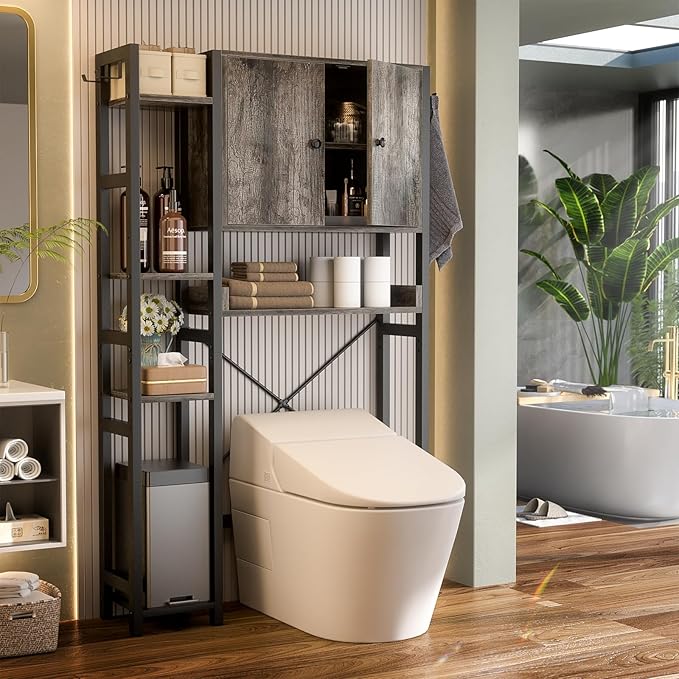 Over The Toilet Storage Cabinet with Doors - 7 Tier Bathroom Organizer with Adjustable Shelf, Freestanding Space Saver Rack Above Toilet Stand with 4 Hooks for Bathroom, Restroom, Laundry, Grey Oak