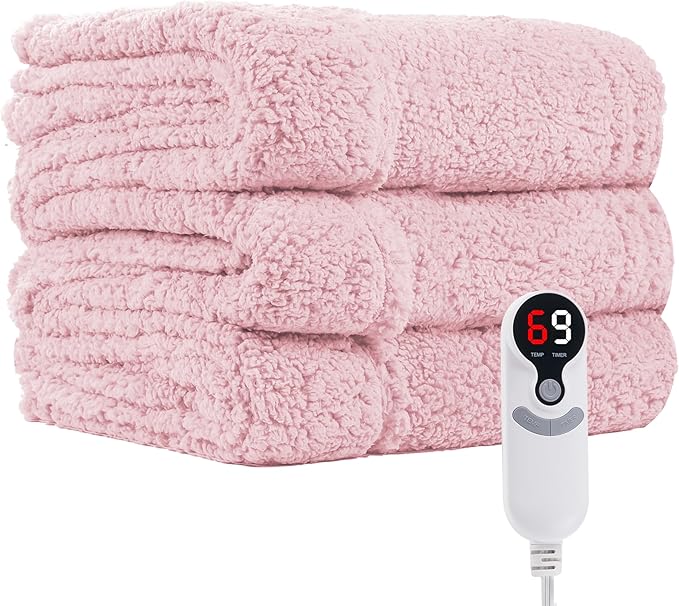 Electric Heated Blanket 6 Heating Settings & 1-10H Auto Off Full 72×84 Double Sided Plush Sherpa Ultra-Soft Warm Thick, Machine Washable, Fast Heating, Home Office Light Pink