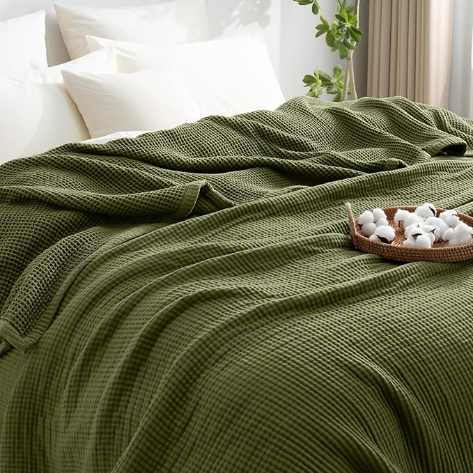PHF 100% Cotton Waffle & Muslin Blanket Queen Size, Soft Breathable Luxury 400GSM Versatile Reversible Bedding for Bed, Great for Layering in Cold Weather, Home Decor Gift, 90" x 90", Olive Green