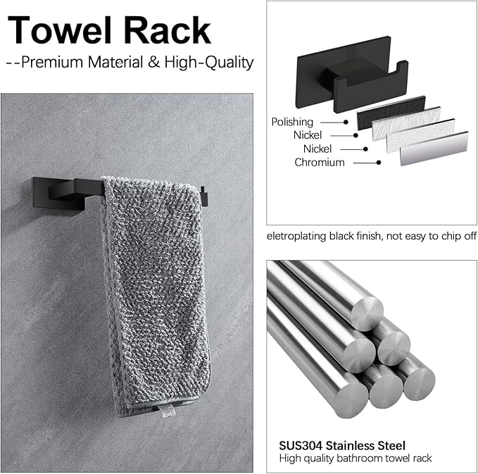 4-Pieces Bathroom Hardware Accessories Set, Towel Rack Towel Bar Toilet Paper Holder Towel Hook Self Adhesive Stainless Steel Towel Rack Set for Bathroom Wall Mounted, Matte Black 16 Inch