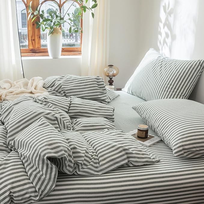 FOSSA Striped Duvet Cover Set 100% Washed Cotton Linen Feel Super Soft Breathable Cozy 3 Pieces Bedding Sets Heathered Green Classic Stripes King