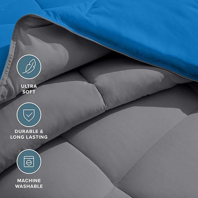 Bare Home Queen Comforter - Reversible Colors - Goose Down Alternative - Ultra-Soft - Premium 1800 Series - All Season Warmth - Bedding Comforter (Queen, Grey/Medium Blue)