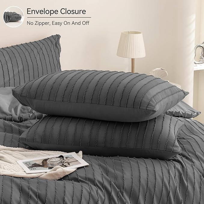 JELLYMONI Duvet Cover Full Size Dark Grey - 3PCS Boho Striped Duvet Cover Set Polyester Tufted Bohemian Textured Comforter Cover 80×90in with Corner Ties & Zipper and 2 Pillowcases