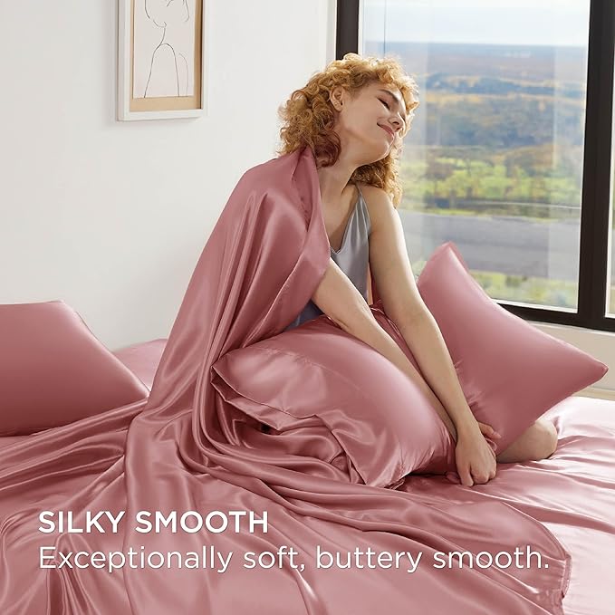 Bedsure Satin Sheets Full Size - 4 Piece Silky Bedsheets with 15 Inches Deep Pocket Fitted Bedsheet,1 Flat Sheet, 2 Satin Pillowcases, Good for Hair & Skin (Full, Coral)
