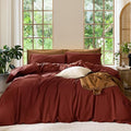 MooMee Bedding Duvet Cover Set 100% Washed Cotton Linen Like Textured Breathable Durable Soft Comfy (Solid Fired Brick Red, Twin 68"x90")