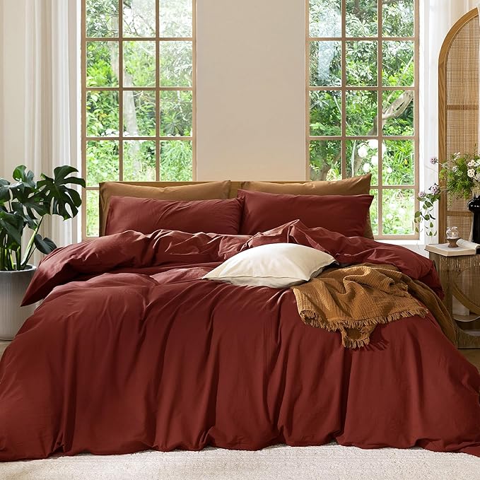 MooMee Bedding Duvet Cover Set 100% Washed Cotton Linen Like Textured Breathable Durable Soft Comfy (Solid Fired Brick Red, Twin 68"x90")