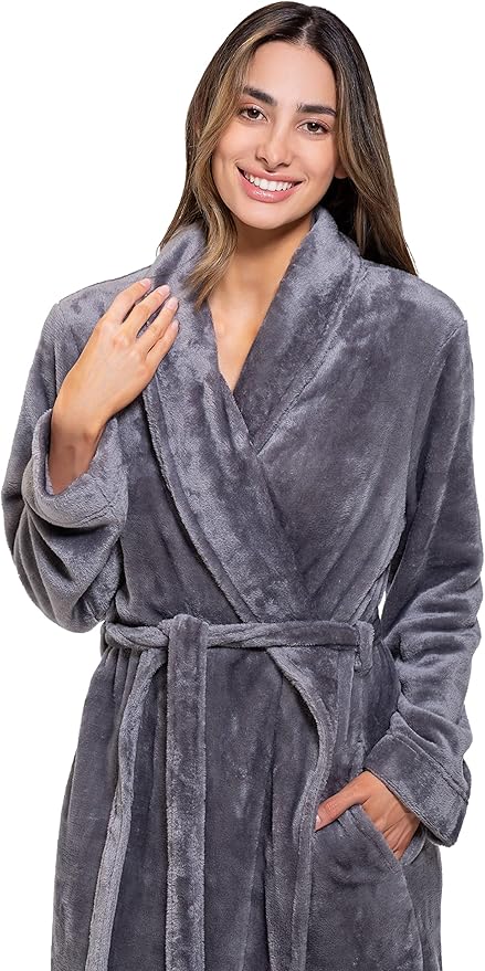 Turquaz Robes For Women, Womens Fleece Shawl Collar Soft Plush Knee Length Spa Robe