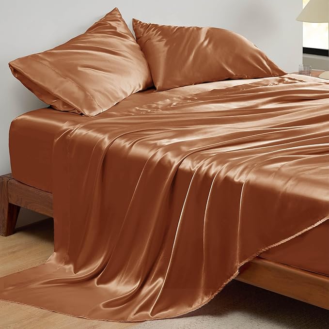 Bedsure Satin Sheets Full Size - 4 Piece Silky Bedsheets with 15 Inches Deep Pocket Fitted Bedsheet,1 Flat Sheet, 2 Satin Pillowcases, Good for Hair & Skin (Full, Burnt Orange)