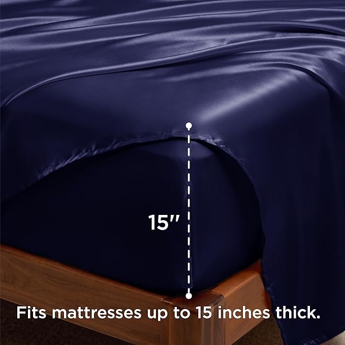 Bedsure Satin Sheets Full Size - 4 Piece Silky Bedsheets with 15 Inches Deep Pocket Fitted Bedsheet,1 Flat Sheet, 2 Satin Pillowcases, Good for Hair & Skin (Full, Navy)