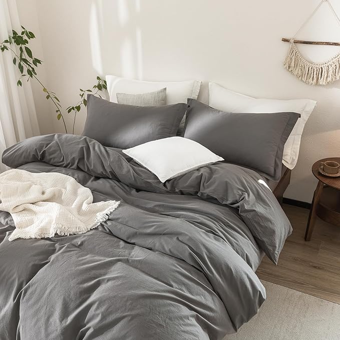 Dark Grey Duvet Cover California King Size Bedding Set Cover 100% Washed Cotton Duvet Cover with Zipper Closure and 2 Pillowcases, 104inch x 98inch