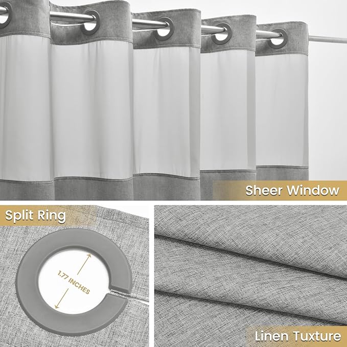 Small No Hook Shower Curtain with Snap in Liner, Polyester Textured Shower Curtain with Liner Set, Waterproof Washable Hotel Style Shower Curtains for Bathroom, 54Wx80H, Grey