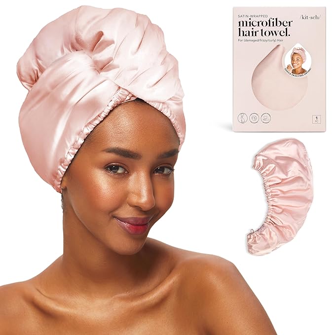 Kitsch Satin Microfiber Hair Towel Wrap for Women - Super Absorbent, Quick Dry, Anti-Frizz - for Long and Short Hairs, Turbans for Women, Wet and Curly Hair Wrap - Blush