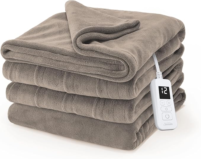 Sunbeam Electric Royal Luxe Microplush Heated Blanket, 12 Heat Settings, 12-Hour Auto Shut-Off, Fast Heating, Warm & Cozy, Machine Washable, Mushroom Color, Twin (84" x 62")