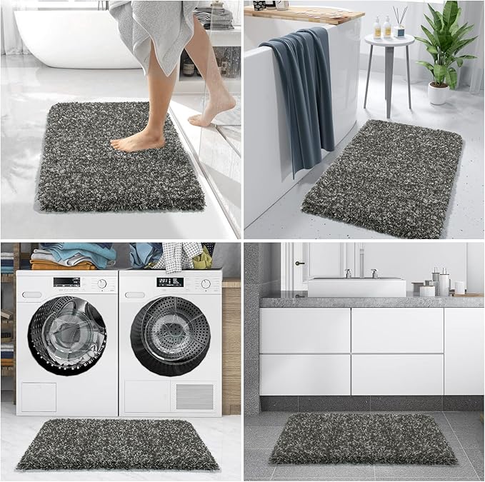 Yimobra Luxury Bathroom Rugs, Fluffy Bath Mats, Non Slip, Water Absorbent Microfiber, Machine Washable, Plush Runner Shower Rug, Thick Mat for Bathroom Floor/Tub, 70"x 24", Light Gray and Black Gray