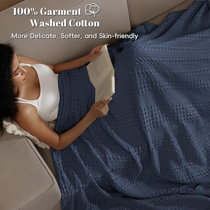PHF 100% Cotton Waffle Blanket Oversized King 120"x120", Lightweight Breathable Extra Large 10'x10' Blankets for Bed, Giant Big Luxury Aesthetic Woven Bedding for Home Decor, Indigo