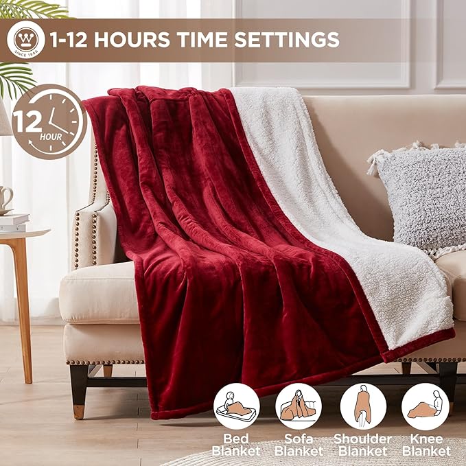 Westinghouse Heated Throw Blanket, Soft Flannel to Sherpa Electric Throw with 6 Heating Levels, 2-10 Hours Time Settings, Fast Heating, Machine Washable 50x60 Inch, Red