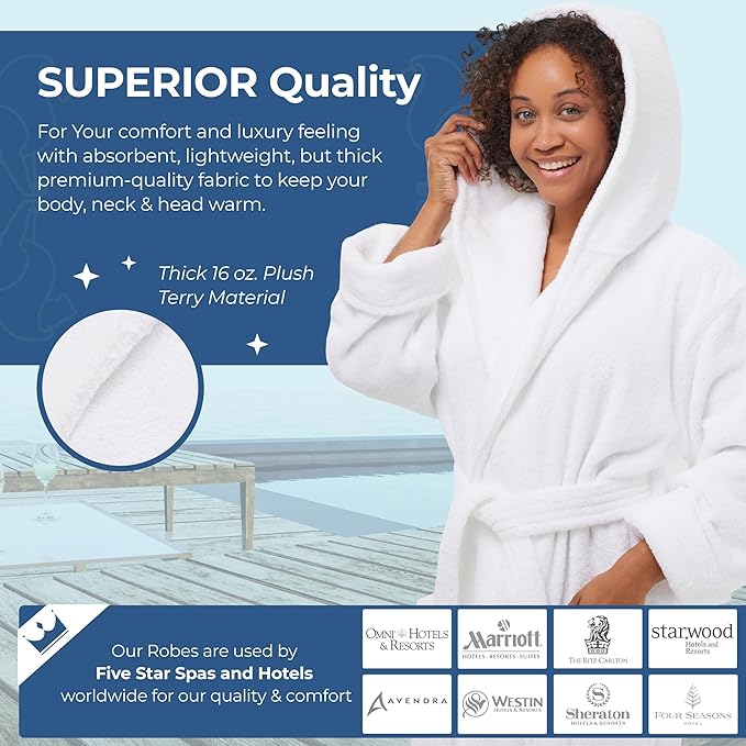 MONARCH Hooded Terry Shawl Collar Unisex Bathrobe – Thick Terrycloth Fabric, Generously Sized Hotel & Spa Robe with Pockets