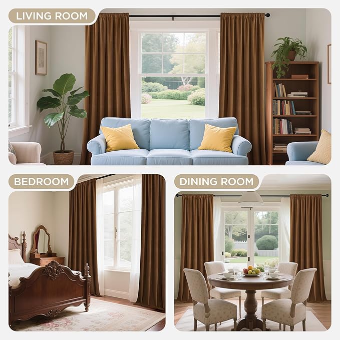 Joydeco Golden Brown 100% Blackout Curtains 90 Inch 2 Panels, Luxury Thermal Brown Velvet Curtains for Bedroom Living Room, Soundproof Blackout Window Drapes, Rod Pocket & Back Tab (52W x 90L)