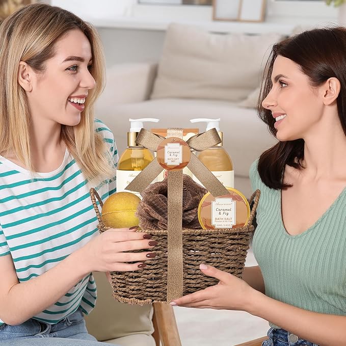 Christmas Gifts for Women Spa Baskets for Women Gift, Warm Caramel & Fig Bath Gift Set with Shower Gel Self Care Pampering Gifts for Mothers Day, Birthday, Anniversary Gift