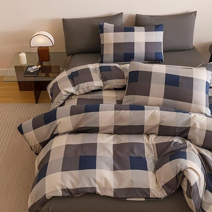 Cottonight Checkered Navy Comforter Set Queen Men Gingham Grid Bedding Set Navy and Khaki Grid Comforter Fluffy Soft Blanket Quilts Modern Cottagecore Comforter with 2 Pillowcases for Queen Bed
