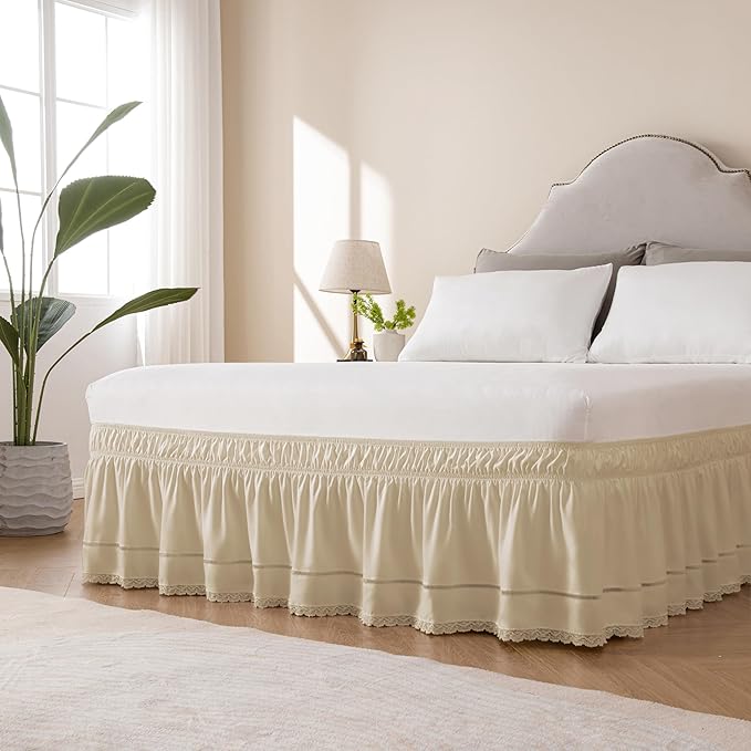 MIYE Wrap Around Ruffled Lace Bed Skirt, Elastic Dust Ruffle with Adjustable Belts, Easy to Put On, Bed Frame Cover, Machine Washable (Floral Lace/Light Beige, King/Queen-18 Drop)
