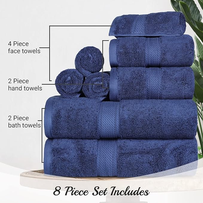 Superior Egyptian Cotton Pile 8 Piece Towel Set, Includes 2 Bath, 2 Hand, 4 Face Towels/Washcloths, Ultra Soft Luxury Towels, Thick Plush Essentials, Guest Bath, Spa, Hotel Bathroom, Navy Blue