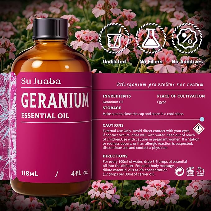 SU JUABA Geranium Essential Oil 4 Oz, 100% Pure & Natural Aromatherapy Oil for Diffuser, Skin Care, Hair & Massage - 118ML