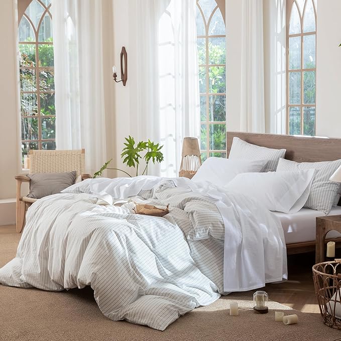 MooMee Bedding Sheet Set 100% Washed Cotton Linen Like Textured Breathable Durable Soft Comfy (Solid Bright White, Twin)