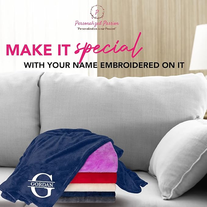Personalized Passion Blankets with Custom Name & Initial Monogram - Super Soft and Cozy Fleece - Unisex Custom Blanket for Him and Her - 60x40 Inches - Navy