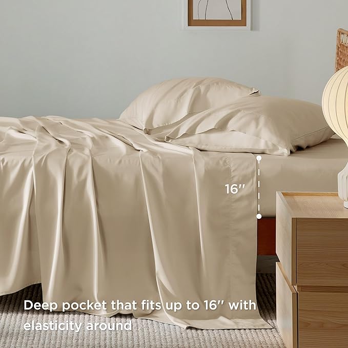 Bedsure Cooling Sheets Twin, Rayon Derived from Bamboo, Cooling Sheets, Breathable & Soft, Deep Pocket Up to 16 Inches, Hotel Luxury Silky Bedding for Hot Sleepers, Beige