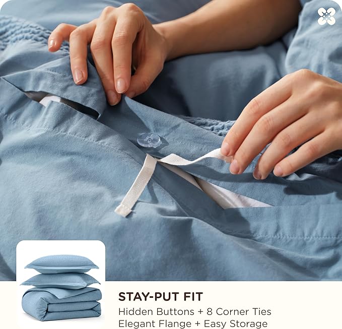 Bedsure Cotton Duvet Cover King - 100% Cotton Waffle Weave Grey Blue Duvet Cover King Size, GentleSoft™ and Breathable Bedding Set for All Season, 3 Pieces, 104"x90"