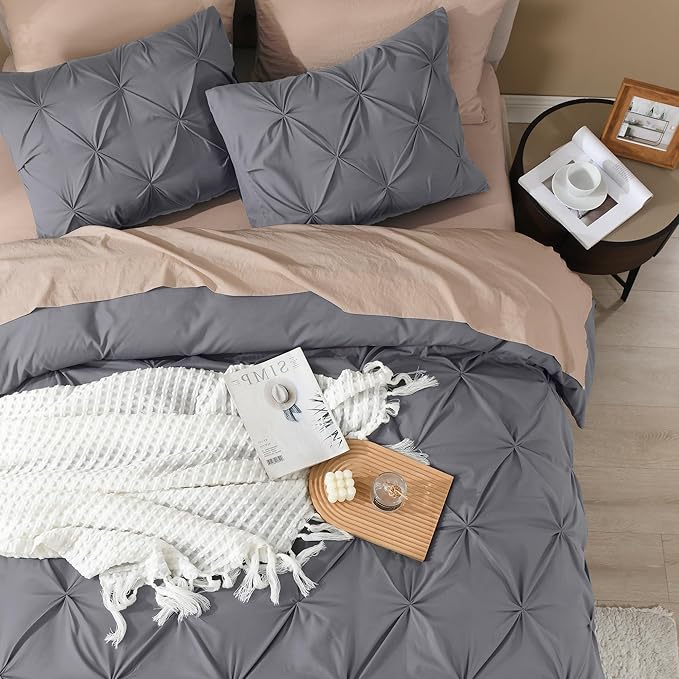 Litanika Dark Grey Pinch Pleat Duvet Cover Queen, 3 Pieces Pintuck Soft Microfiber Bedding Set with Zipper Closure & Corner Ties(90x90Inch-1 Duvet Cover, 2 Pillowcases)