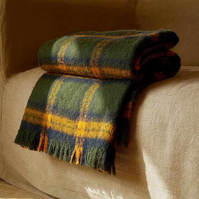 ZonLi Green Plaid Throw Blanket for Couch, Checkered Throw Blanket for Home Decor, Soft Lightweight Cozy All Season Decorative Vintage Blankets with Tassel for Bed and Sofa, 50'' x 60''