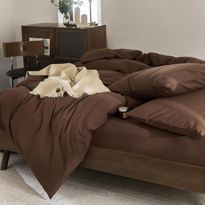 FOSSA Duvet Cover Set 100% Washed Cotton Linen Feel Super Soft Breathable Cozy 3 Pieces Bedding Sets Solid Cocoa Brown California King