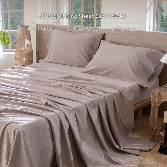 MooMee Bedding Sheet Set 100% Washed Cotton Linen Like Textured Breathable Durable Soft Comfy (Heathered Mauve Brown, Split King)