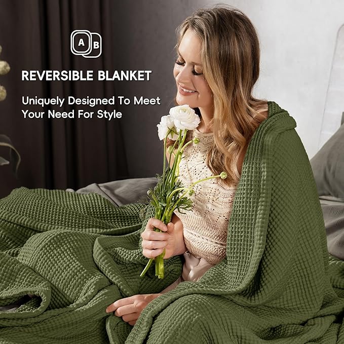 PHF 100% Cotton Waffle & Muslin Blanket Twin Size, Soft Breathable Luxury 400GSM Versatile Reversible Bedding for Bed, Great for Layering in Cold Weather, Home Decor Gift, 66" x 90", Olive Green