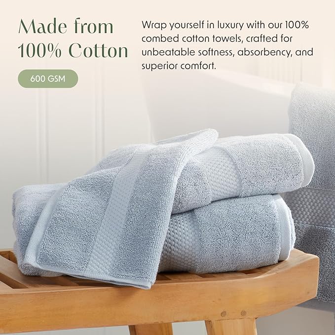Springtree Home Blue Bath Towels Set of 6 | Classic Hotel Bath Towels | 100% Combed Cotton | Absorbent Quick-Dry Towels for Bathroom | Oeko-TEX® Standard 100 Cotton | Cynewski Collection - Blue Fog