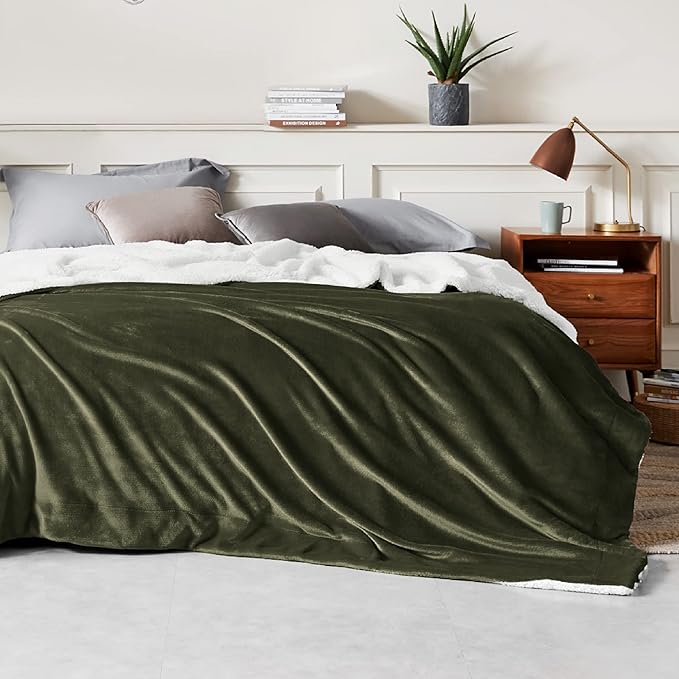 Bedsure GentleSoft Sherpa Fleece Blankets Queen Size for Bed - Thick and Warm Throw for Women and Men, Soft Fuzzy Plush Queen Blanket for Winter, Olive Green, 90x90 Inches