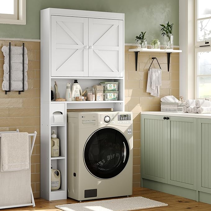 Furniouse Over The Toilet Storage Cabinet 32.3''W Wood Bathroom Storage Cabinet with Doors & Adjustable Shelves Free Standing Toilet Shelf, White