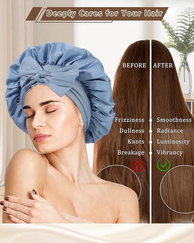 AWAYTR Women Satin Bonnet for Sleeping - Double Layer Silk Hair Bonnet with Elastic Tie Band for Braids Curly Hair