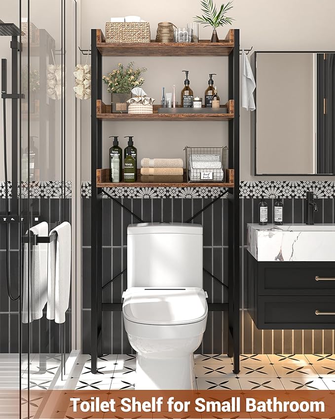 Ecoprsio Over-The-Toilet Storage Rack, 3-Tier Bathroom Organizer Shelf Over Toilet, Freestanding Space Saver Toilet Stands with 4 Hooks, Rustic Brown