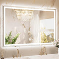 TETOTE 55 x 36 Inch Led Lighted Mirror for Bathroom Wall, Extra-Bright Beveled Bathroom Vanity Frontlit & Backlit Frameless Mirror with 3-Color Lights, Defogging, Tempered Glass, Waterproof
