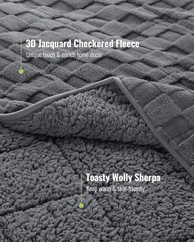 Uttermara Sherpa Fleece Weighted Blanket Queen Size(15lbs, 60" x 80", Grey), 3D Jacquard Checkered Warm Sherpa Heavy Blanket for Adults, Soft Fuzzy Weighted Blankets for Couch Bed Sofa