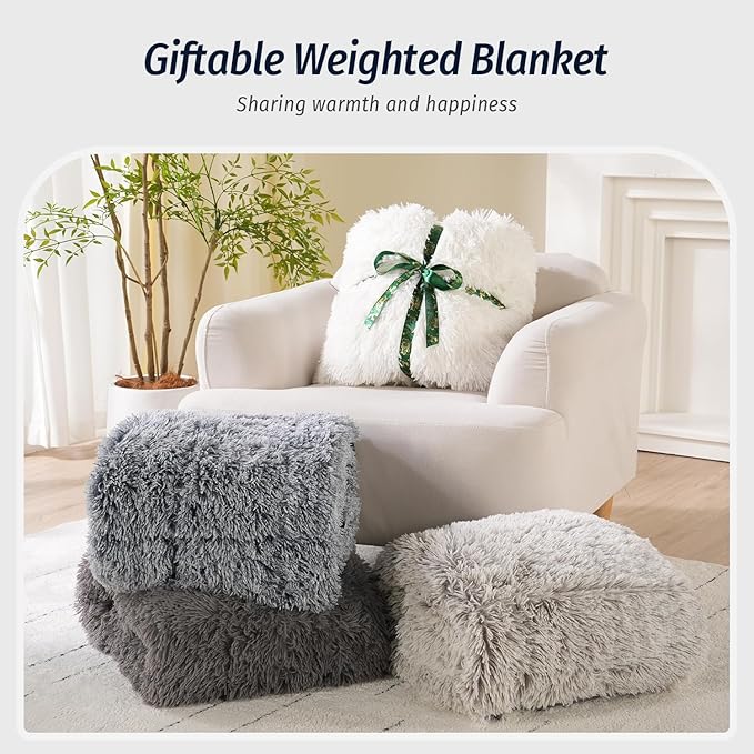 Wemore Shaggy Long Fur Faux Fur Weighted Blanket, Cozy and Fluffy Plush Sherpa Long Hair Blanket for Adult 20lbs, Fluffy Fuzzy Sherpa Reverse Heavy Blanket for Bed, Couch, Grey, 60 x 80 Inches