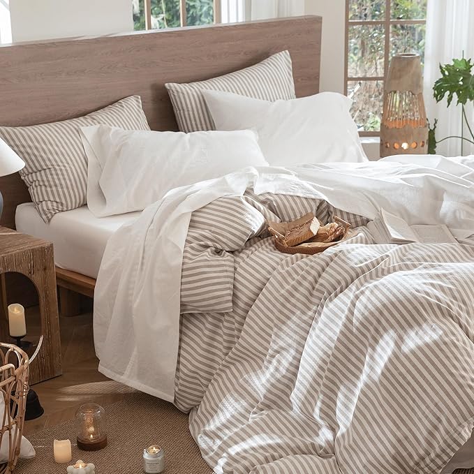 MooMee Bedding Sheet Set 100% Washed Cotton Linen Like Textured Breathable Durable Soft Comfy (Solid Off White, California King)